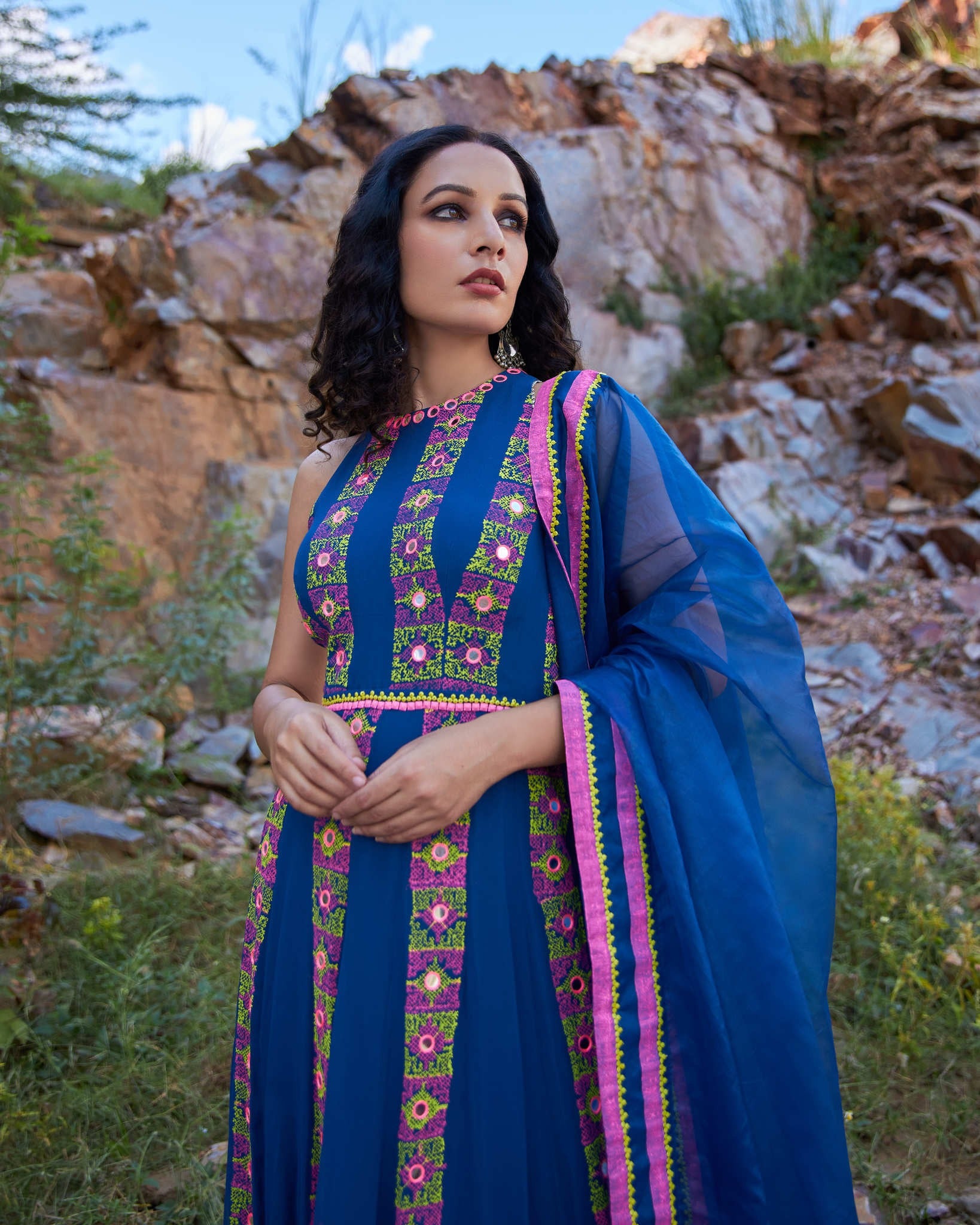 KUTCH BLUE LINEAR ANARKALI SET