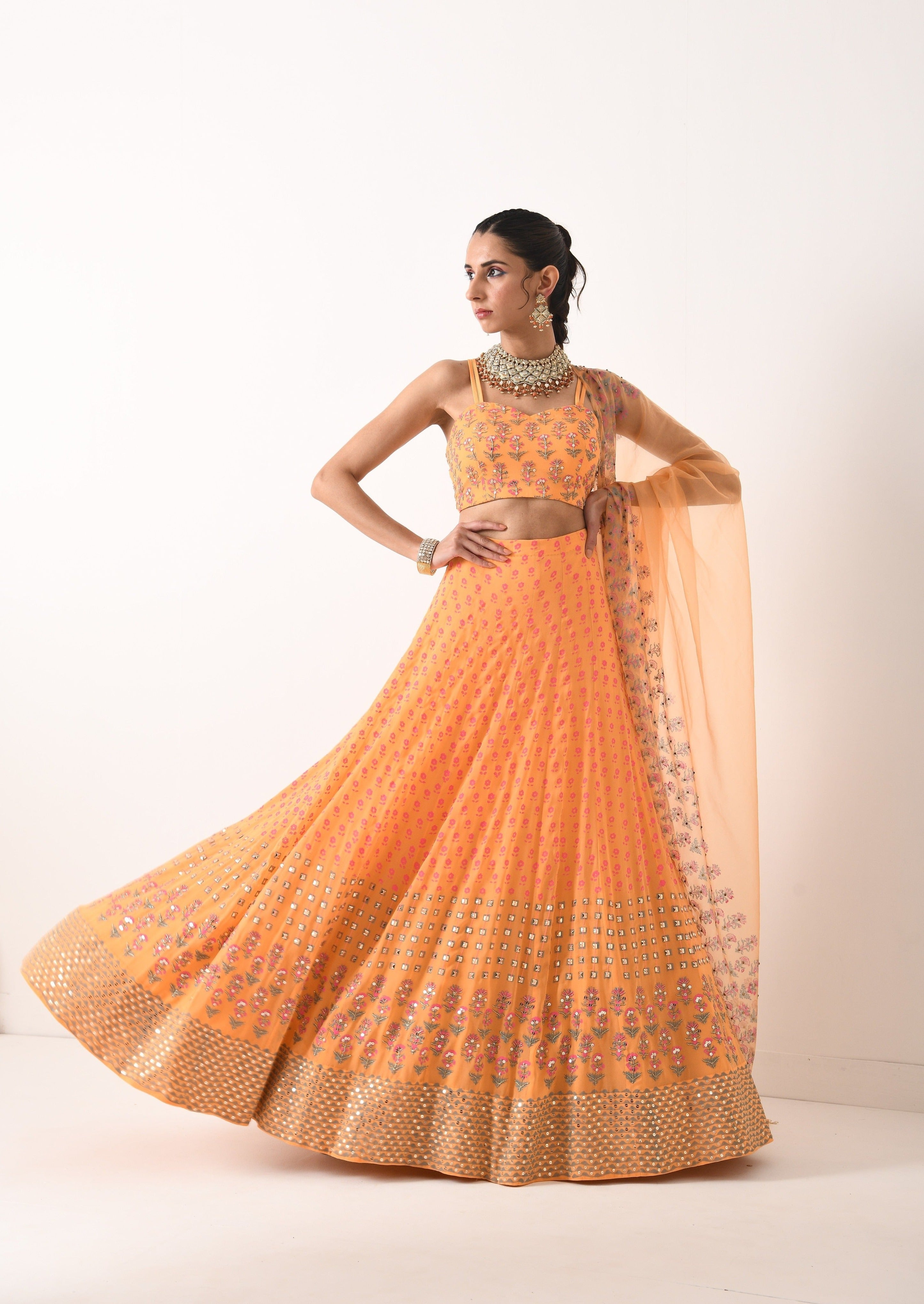 SORBET ORANGE SMALL BOOTI 3 BORDER LEHNGA