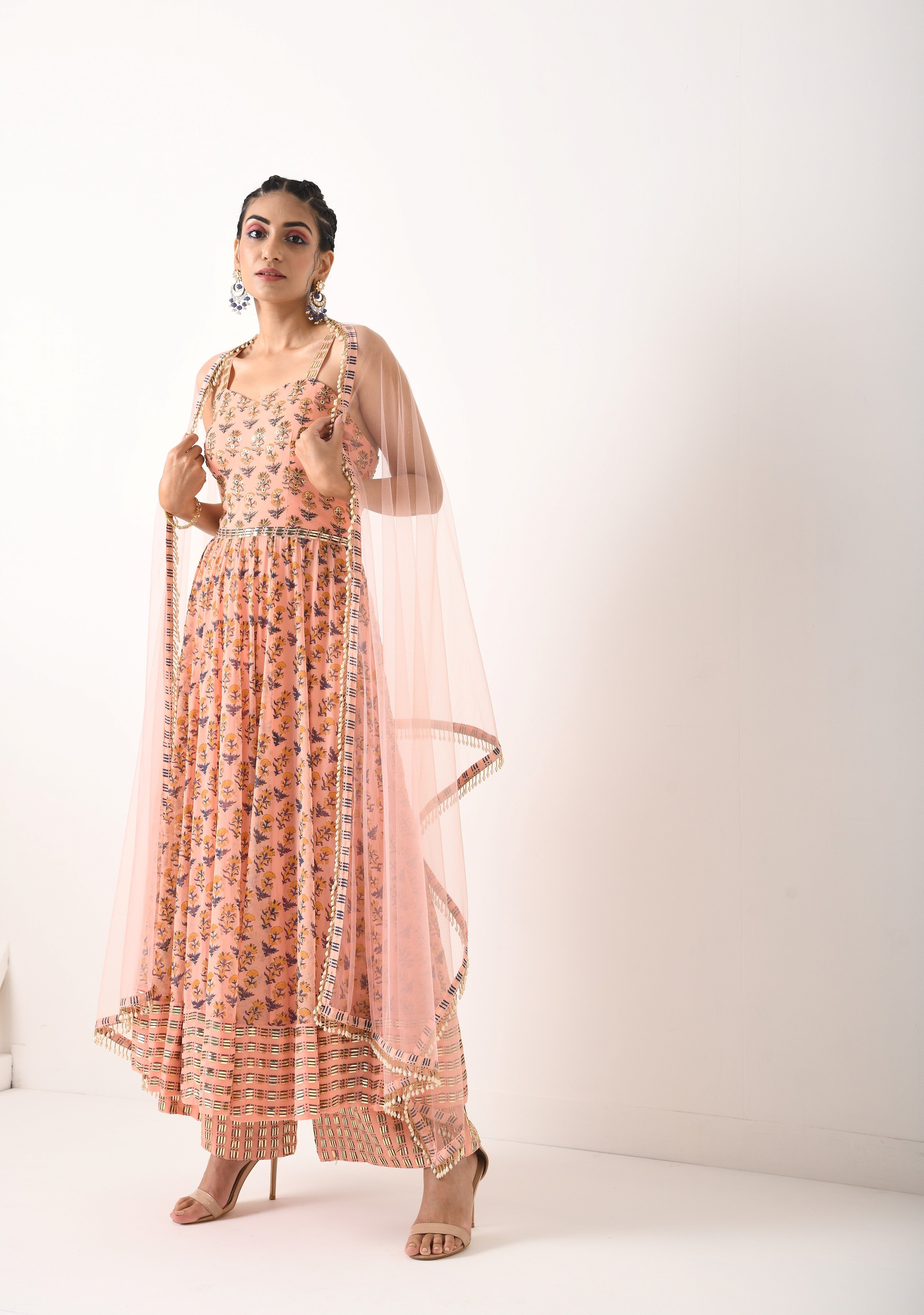 BLUSH PINK ALL OVER PRINT STRAP ANARKALI