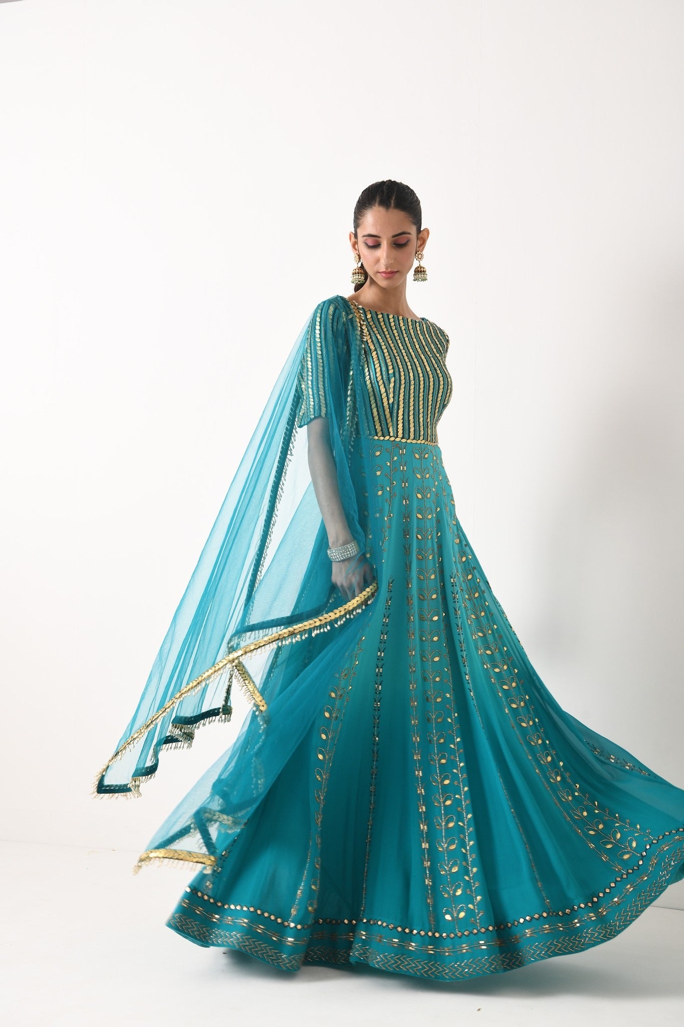 TEAL OMBRE GOLDEN LEAF MOTIF ANARKALI