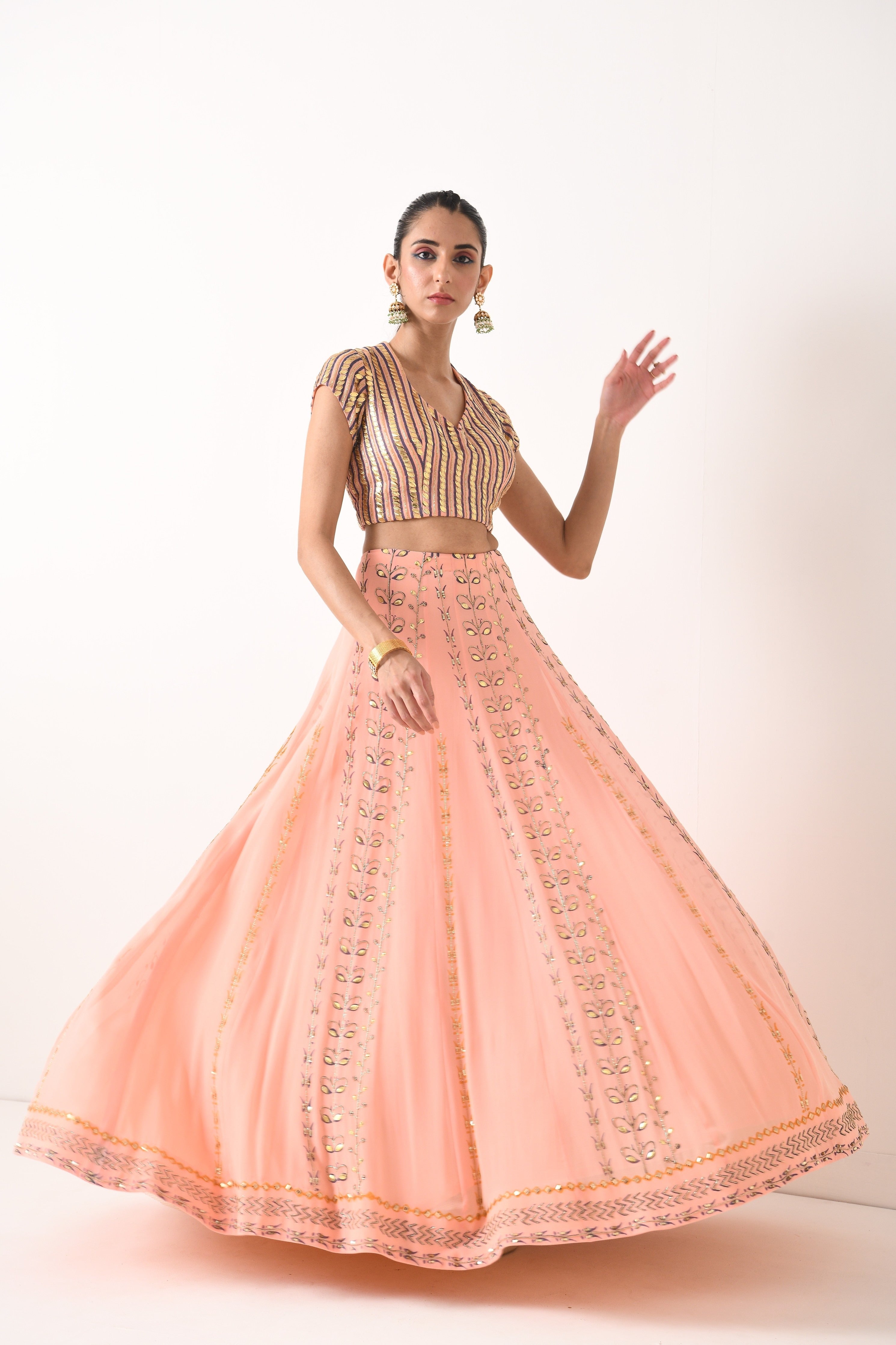 BLUSH PINK GOLDEN LEAF MOTIF LEHNGA