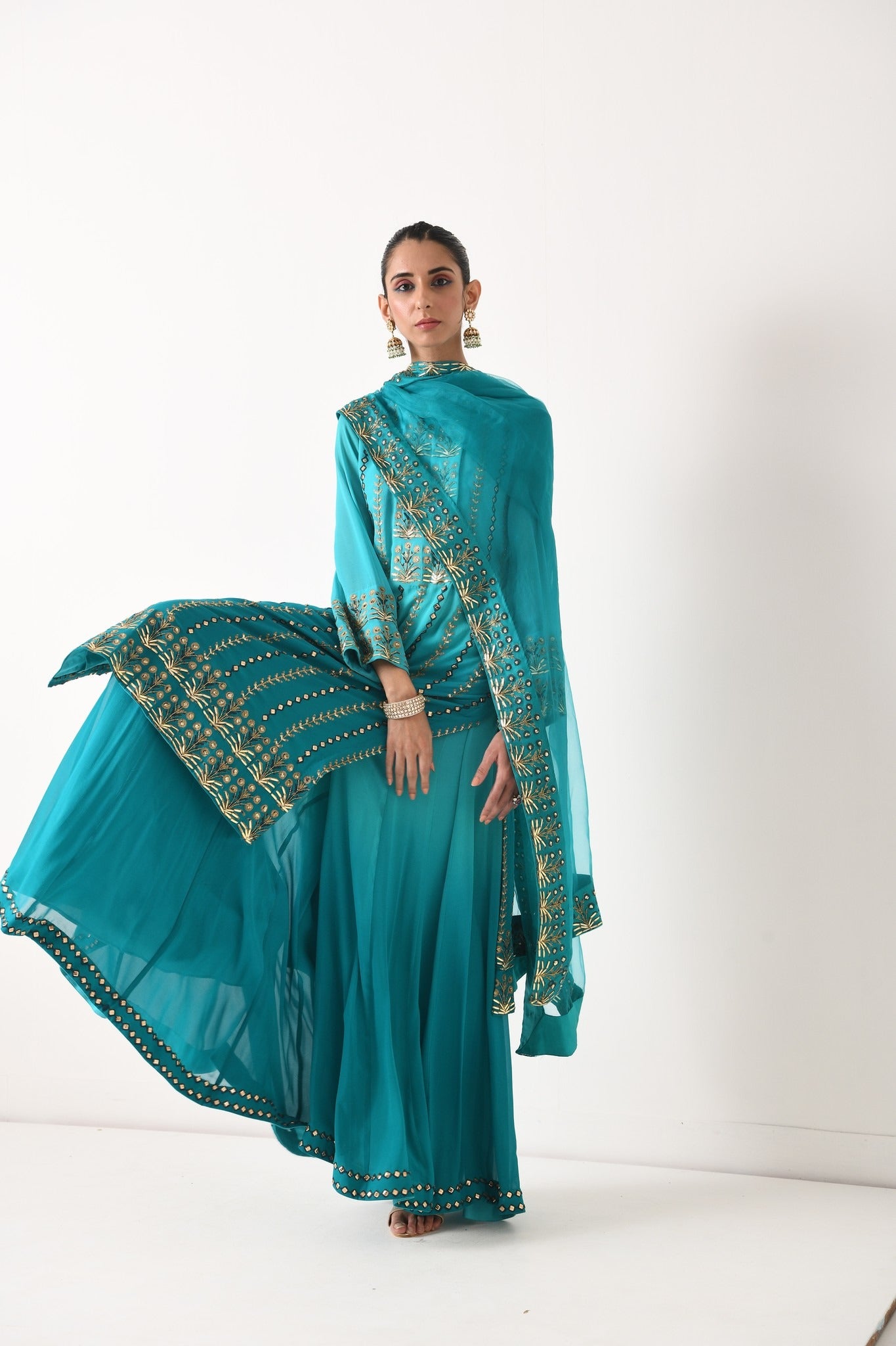 TEAL OMBRE LINEAR EMBROIDERY SHARARA SET