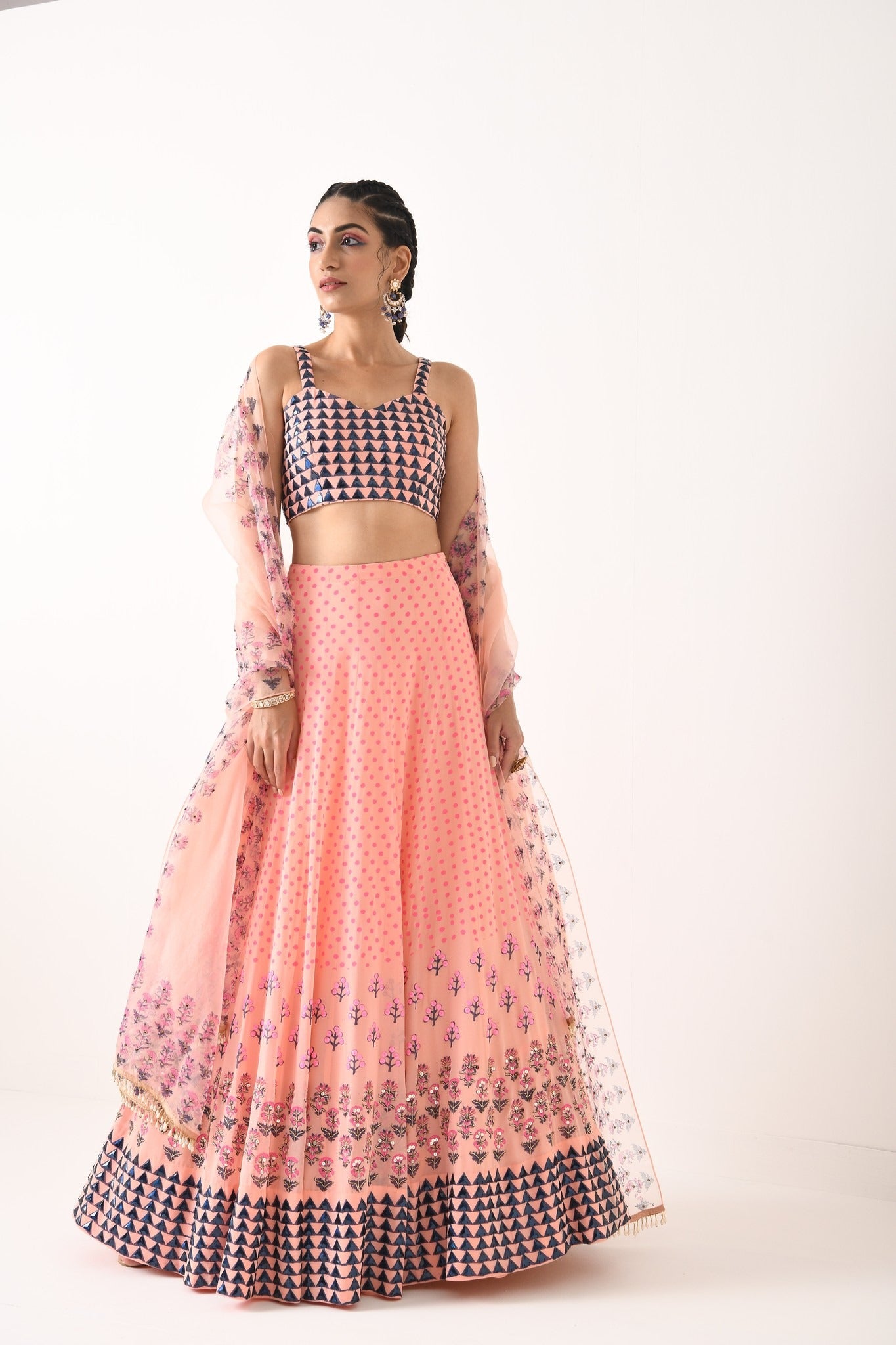 BLUSH PINK TRIANGLE MOTIF THREE BORDER LEHNGA