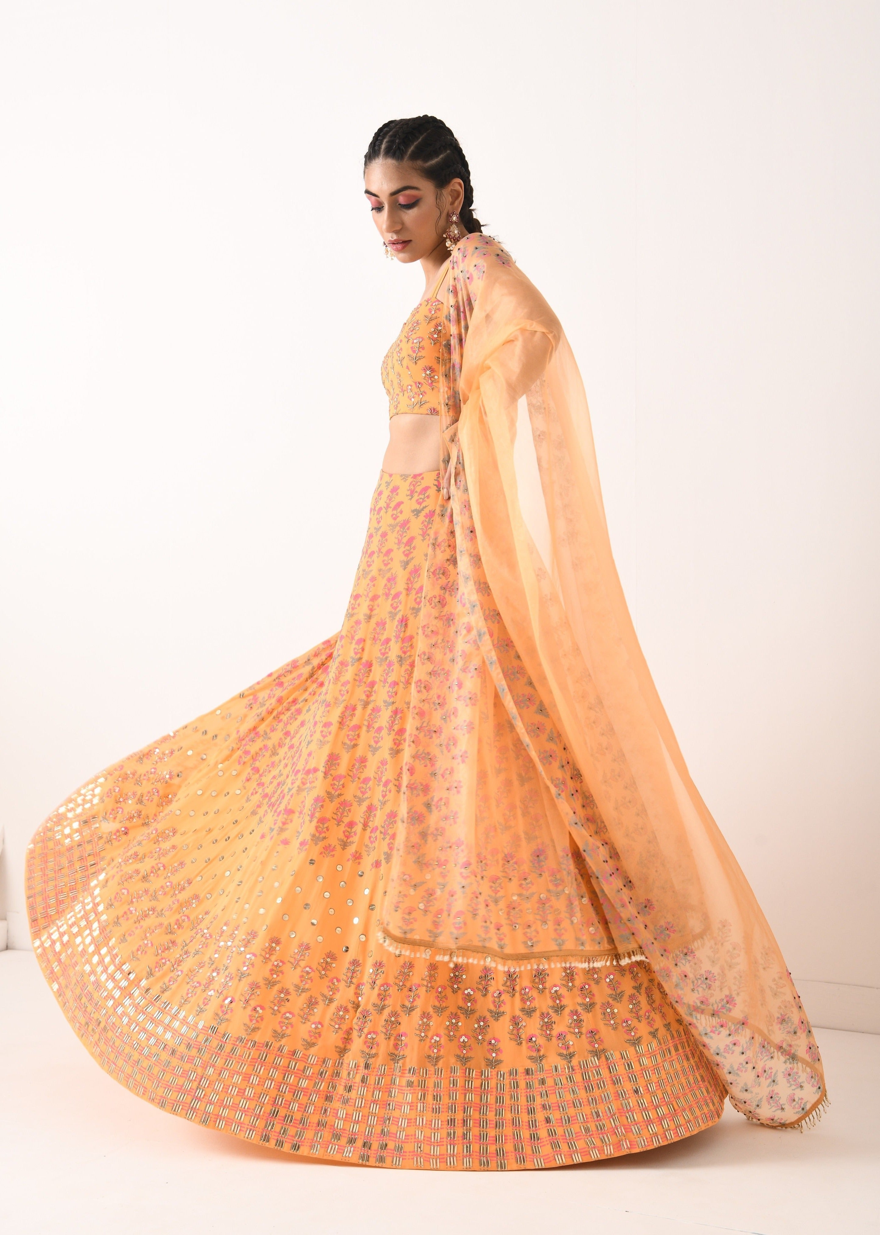 SORBET ORANGE ALL OVER PRINT 3 BORDER LEHNGA