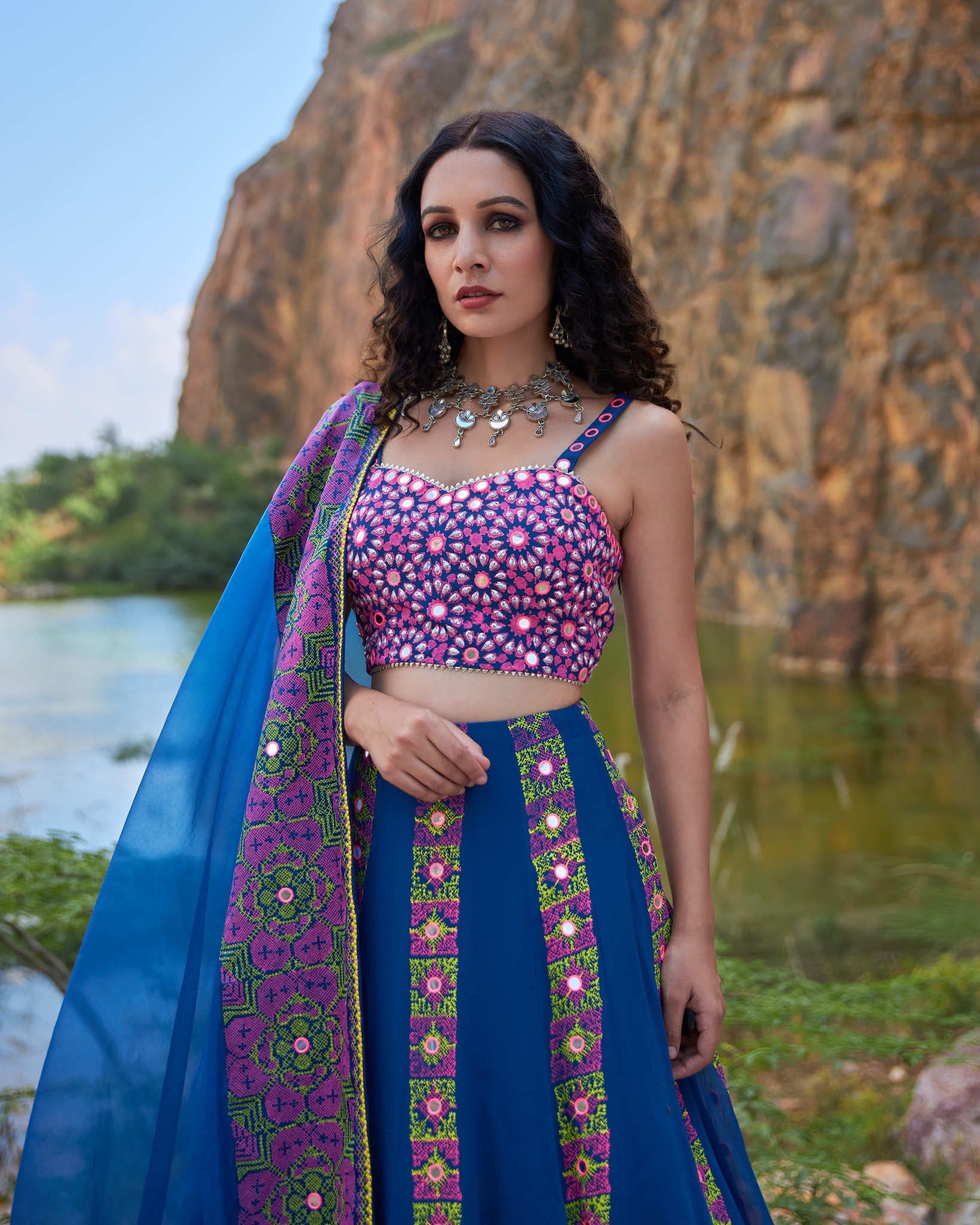 KUTCH BLUE LINEAR LEHNGA SET