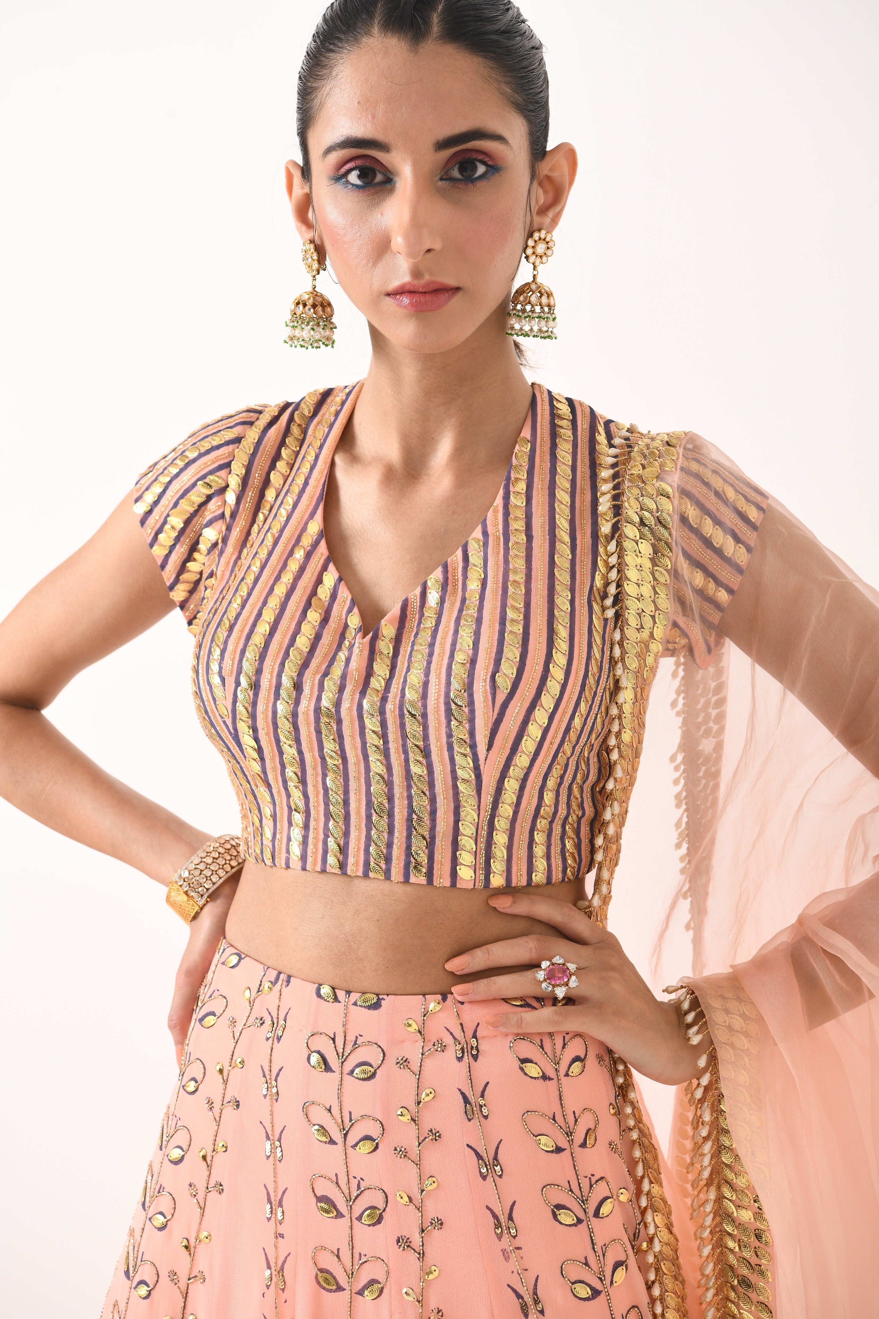 BLUSH PINK GOLDEN LEAF MOTIF LEHNGA