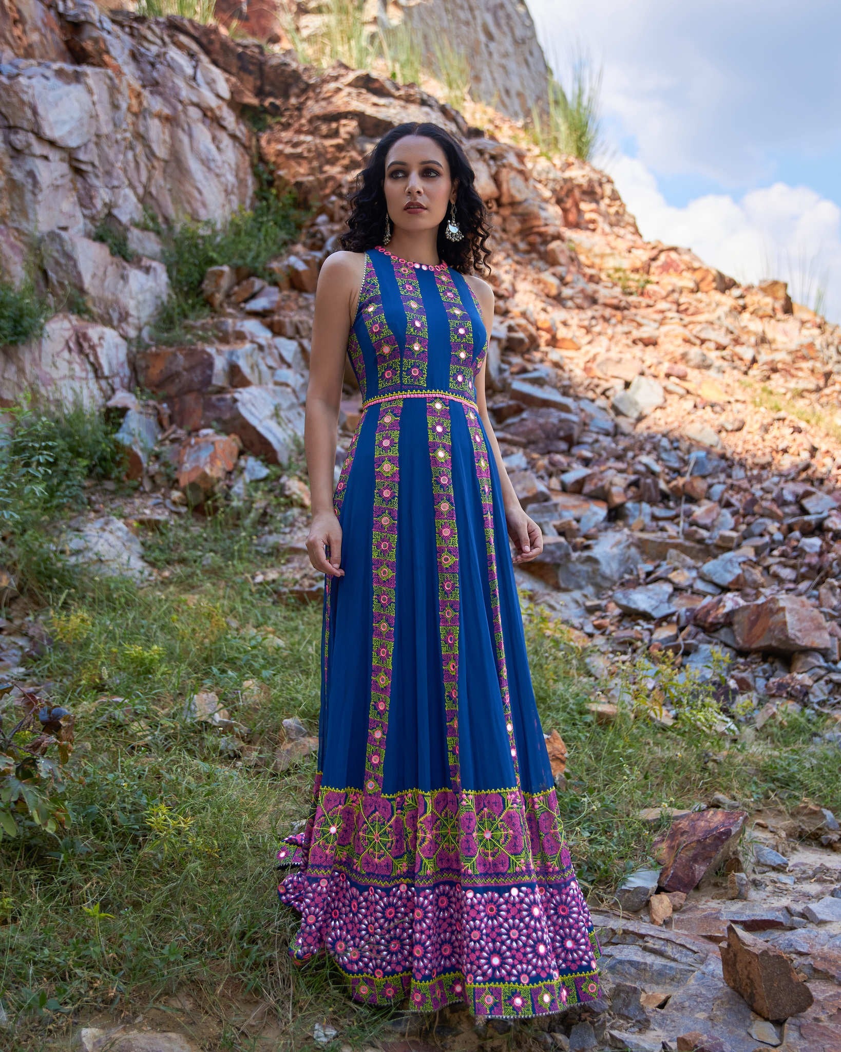 KUTCH BLUE LINEAR ANARKALI SET