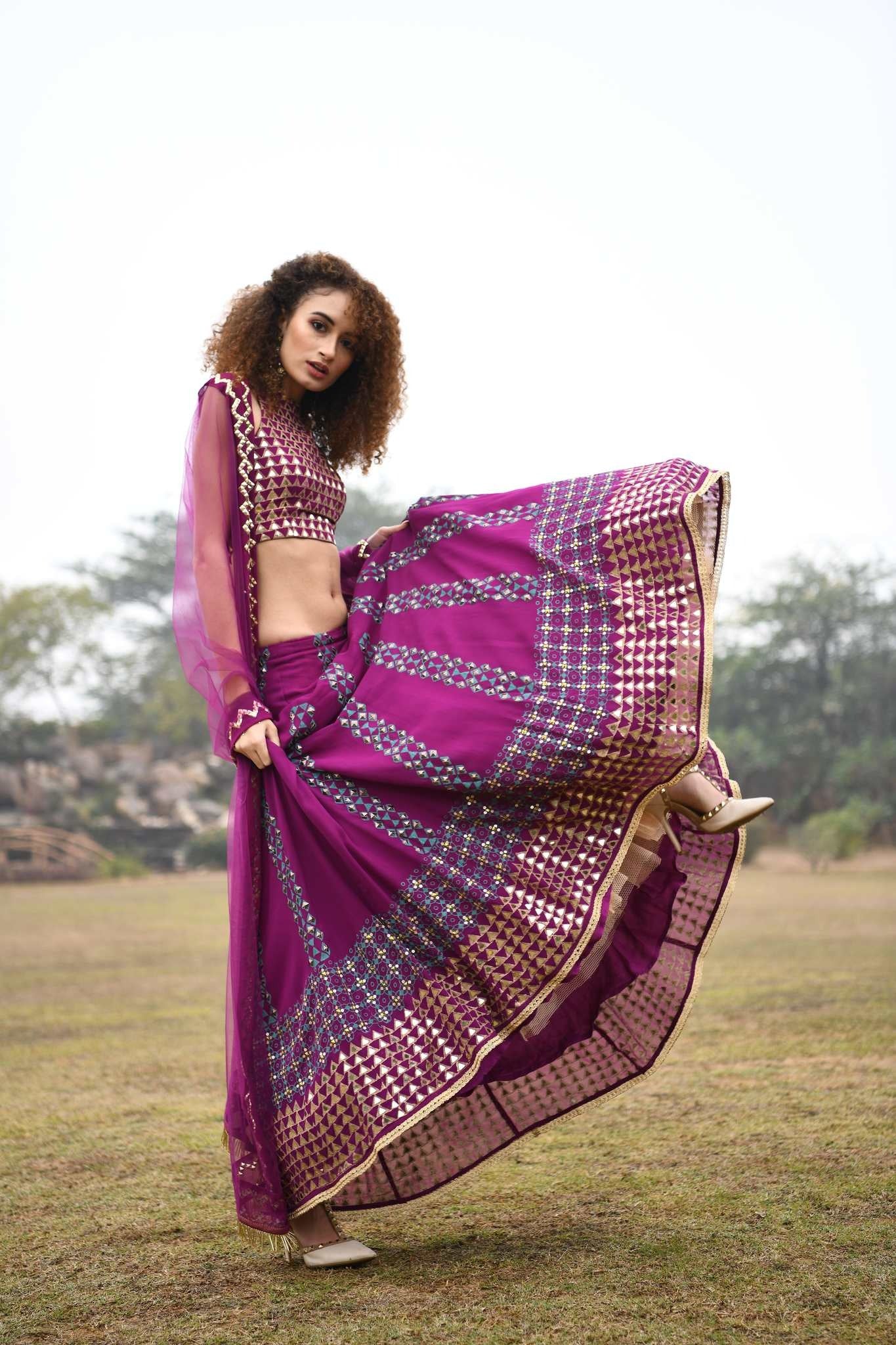 AUBERGINE TRIANGLE TESSELLATION LEHNGA