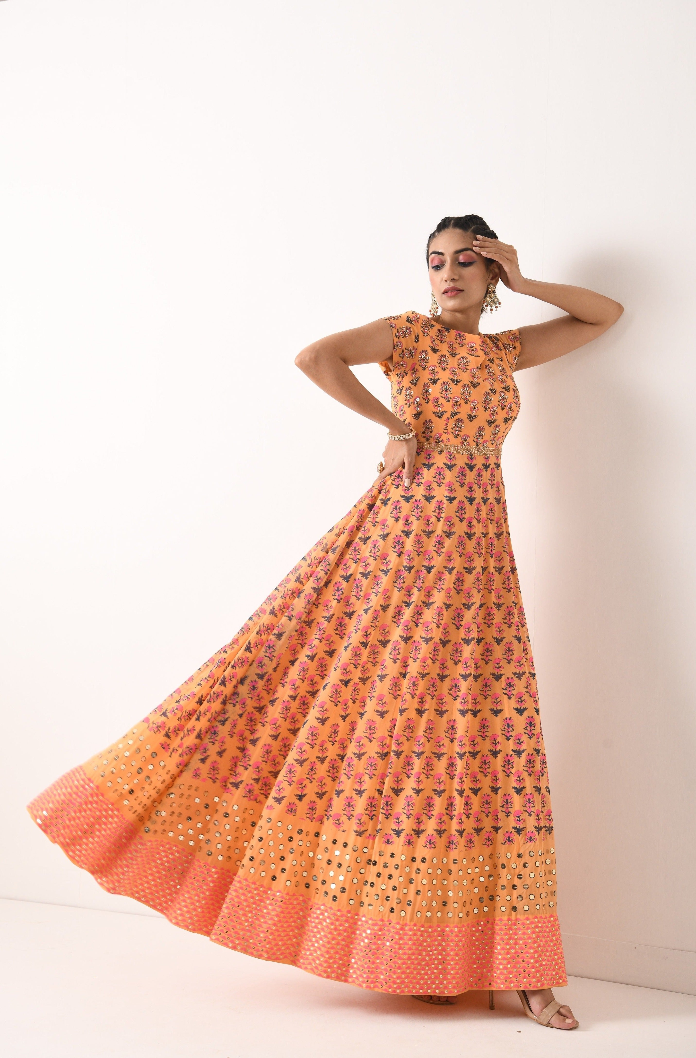 SORBET ORANGE ALL OVER PRINT 2 BORDER ANARKALI