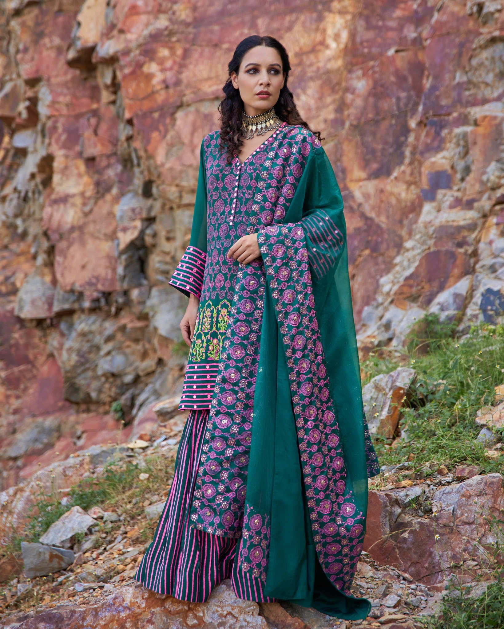 EMERALD STRIPE SHARARA SET