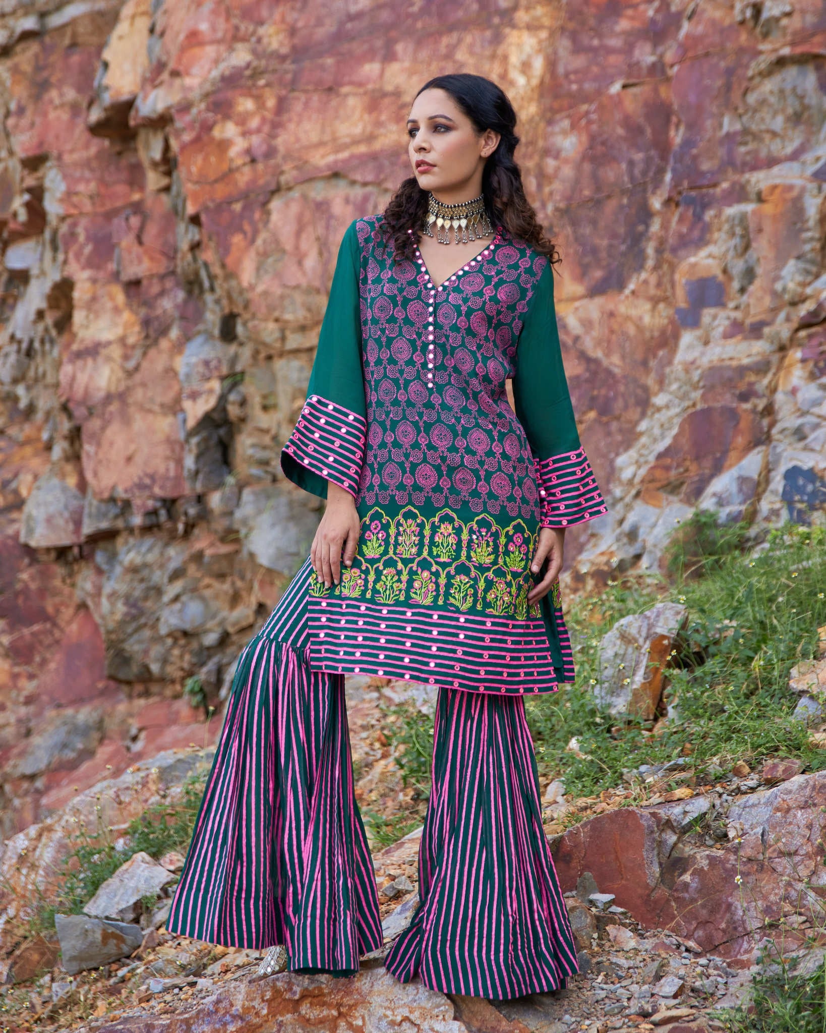 EMERALD STRIPE SHARARA SET