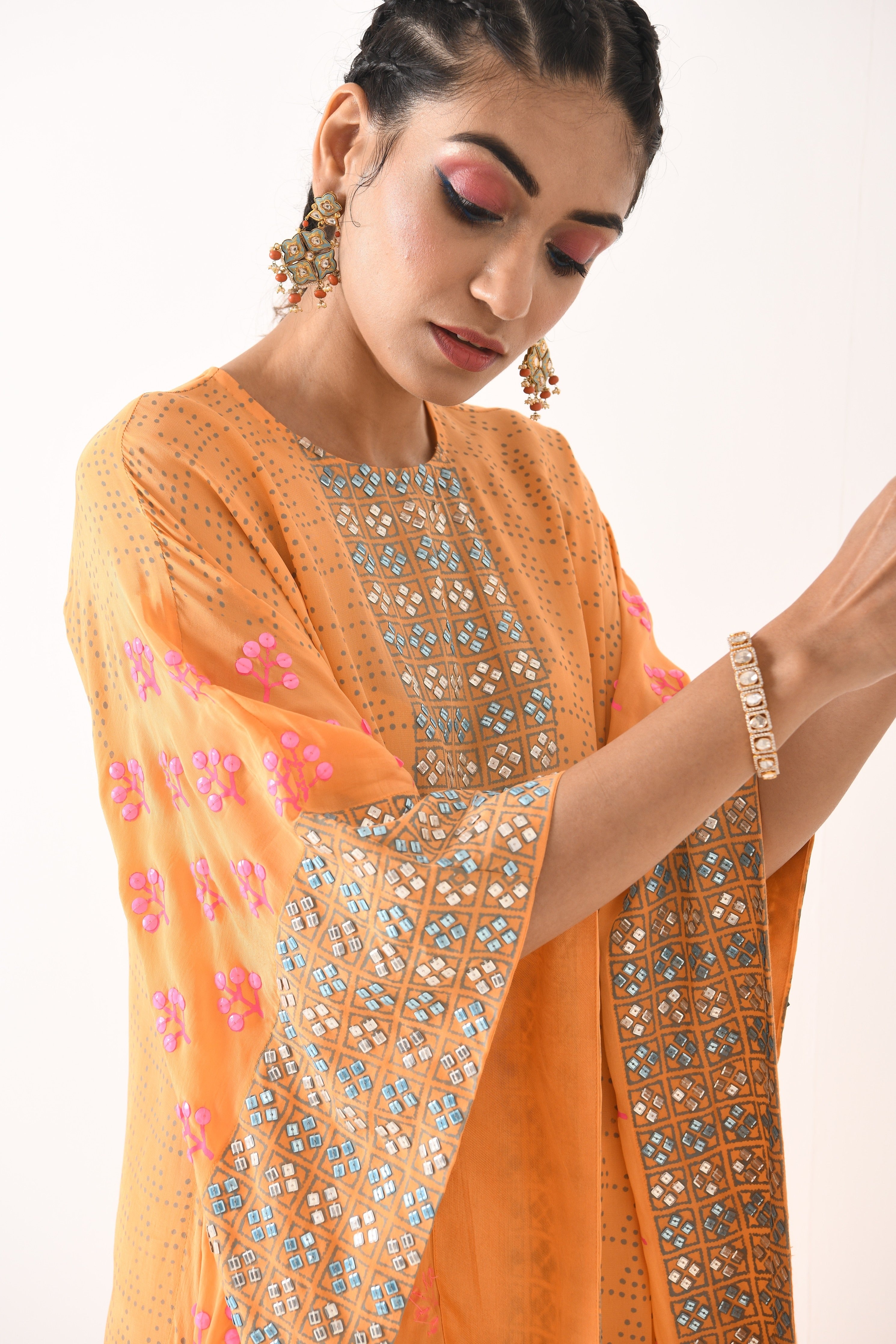 SORBET ORANGE GEOMETRIC MOTIF KAFTAAN SET