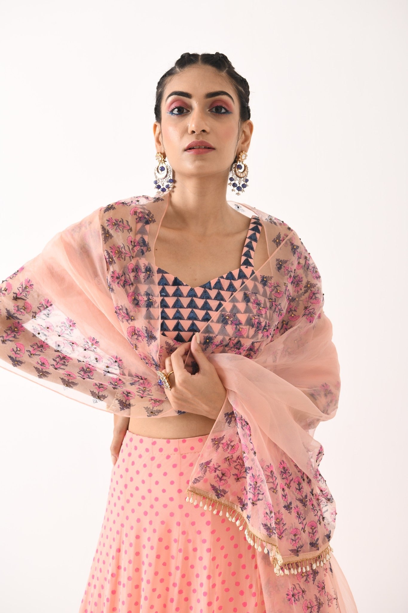 BLUSH PINK TRIANGLE MOTIF THREE BORDER LEHNGA