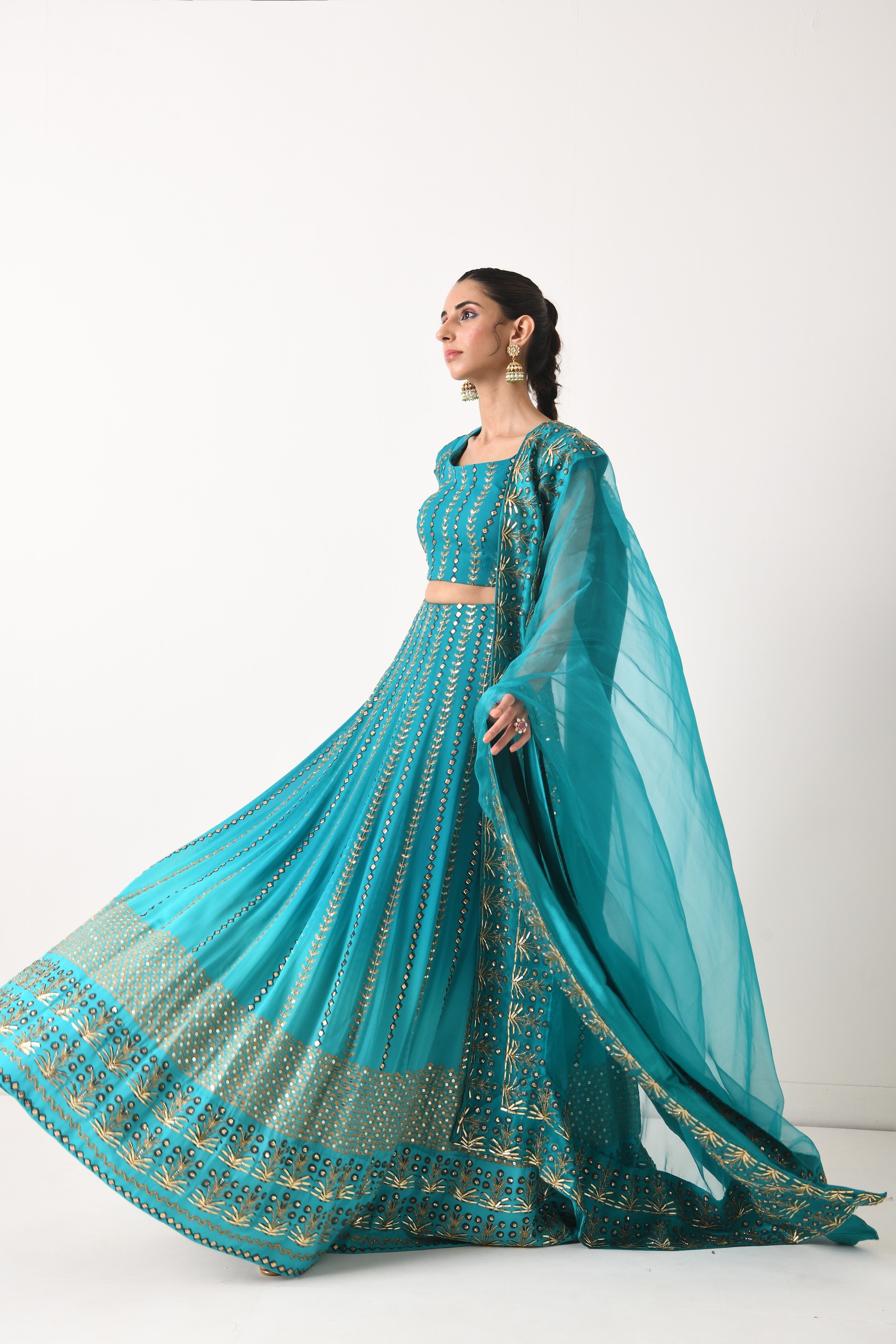 TEAL OMBRE LINEAR EMBROIDERY LEHNGA SET