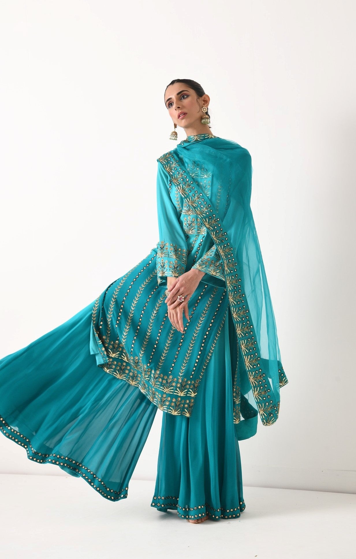 TEAL OMBRE LINEAR EMBROIDERY SHARARA SET