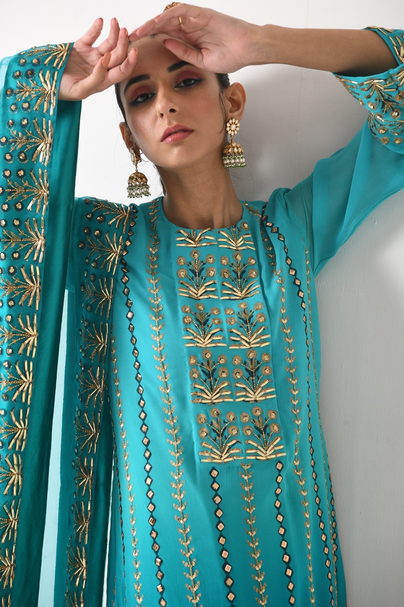 TEAL OMBRE LINEAR EMBROIDERY SHARARA SET